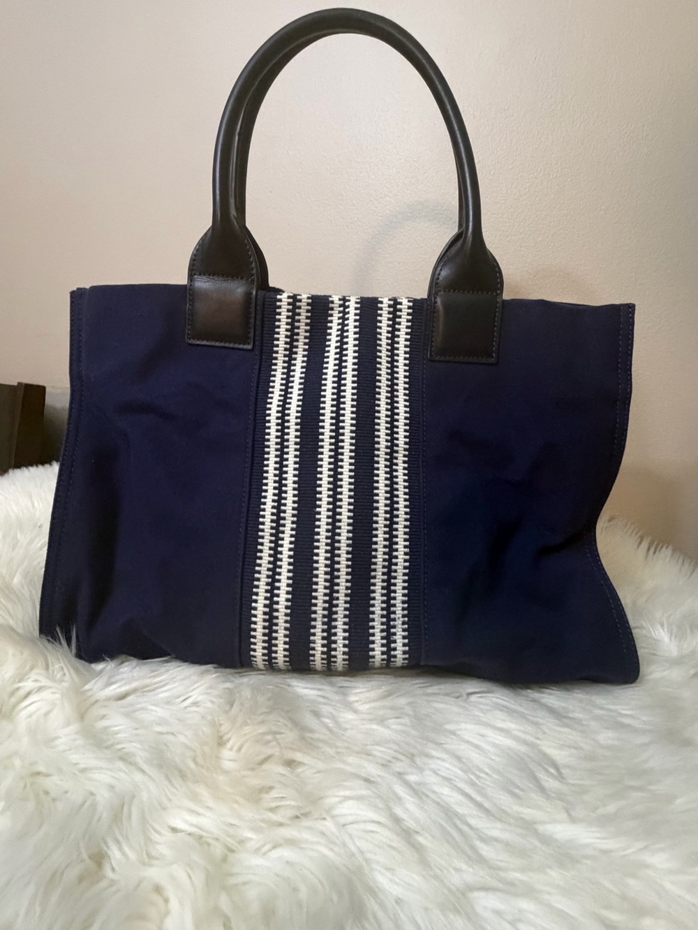 Tory Burch Navy Canvas Tote with Black Handles and White Striped Panel